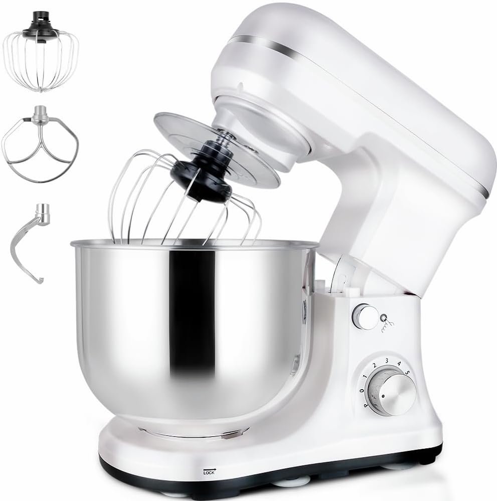 Stand Mixer 5-QT, 6+P Speed Tilt-Head Food Mixer 300W Dough Mixer with Stainless Steel Bowl, Dough Hook, Flat Beater & Whisk Electric Kitchen